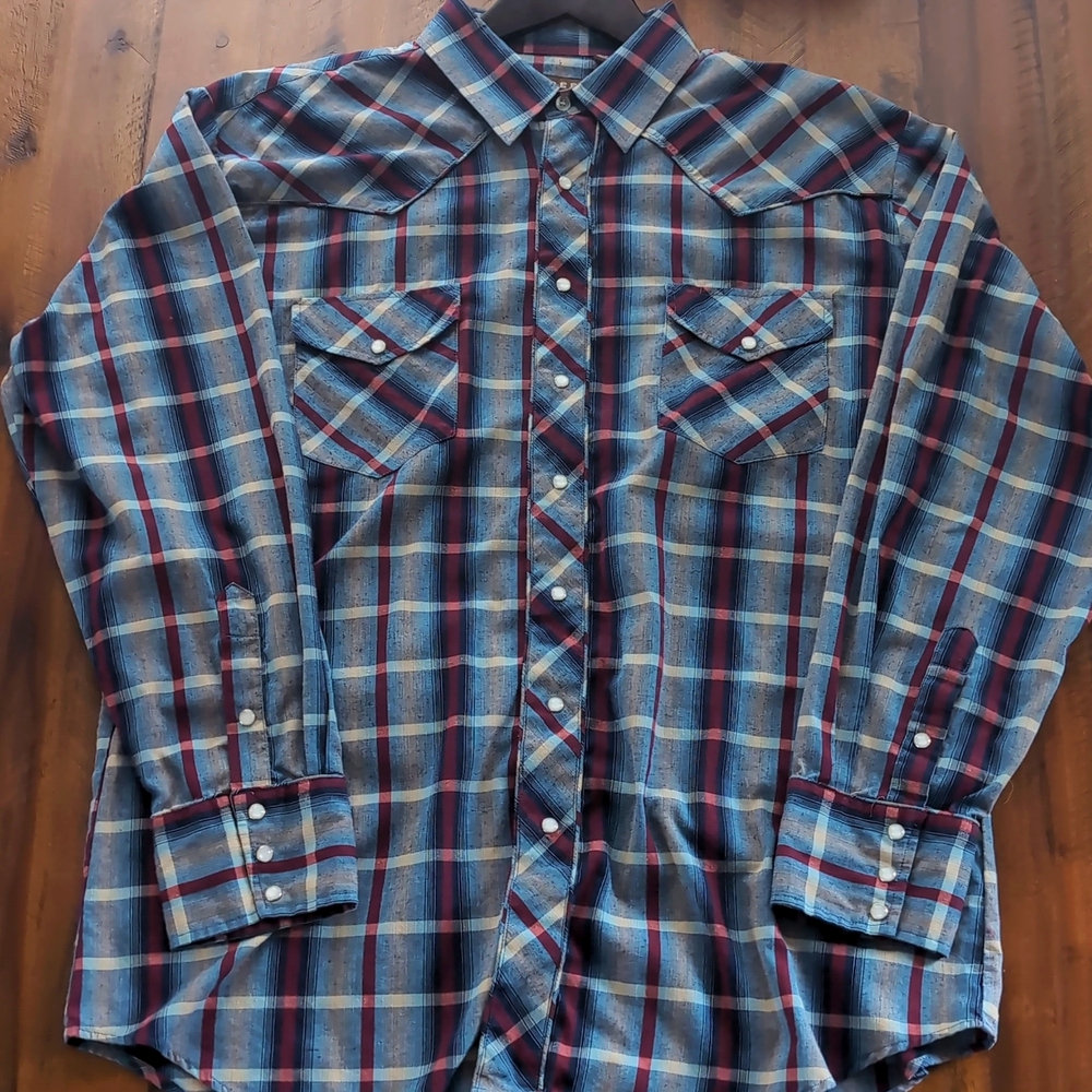 Roper Pearl snap extra large blue plaid long sleeve shirt